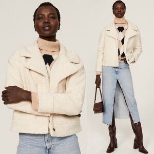 NWT MARINE LAYER Ivory Recycled Sherpa Boxy Cropped Button Up Trucker Jacket‎ L